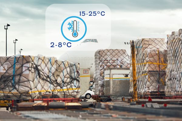 Air cargo pallets prepared for pharmaceutical shipment with dual temperature requirements showing 15–25°C ambient transit and 2–8°C cold chain handling.