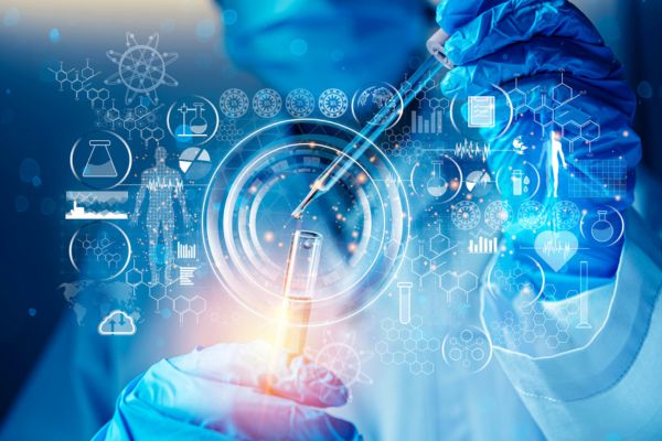 Precision therapy logistics and compliance framework concept with digital data overlays and laboratory testing